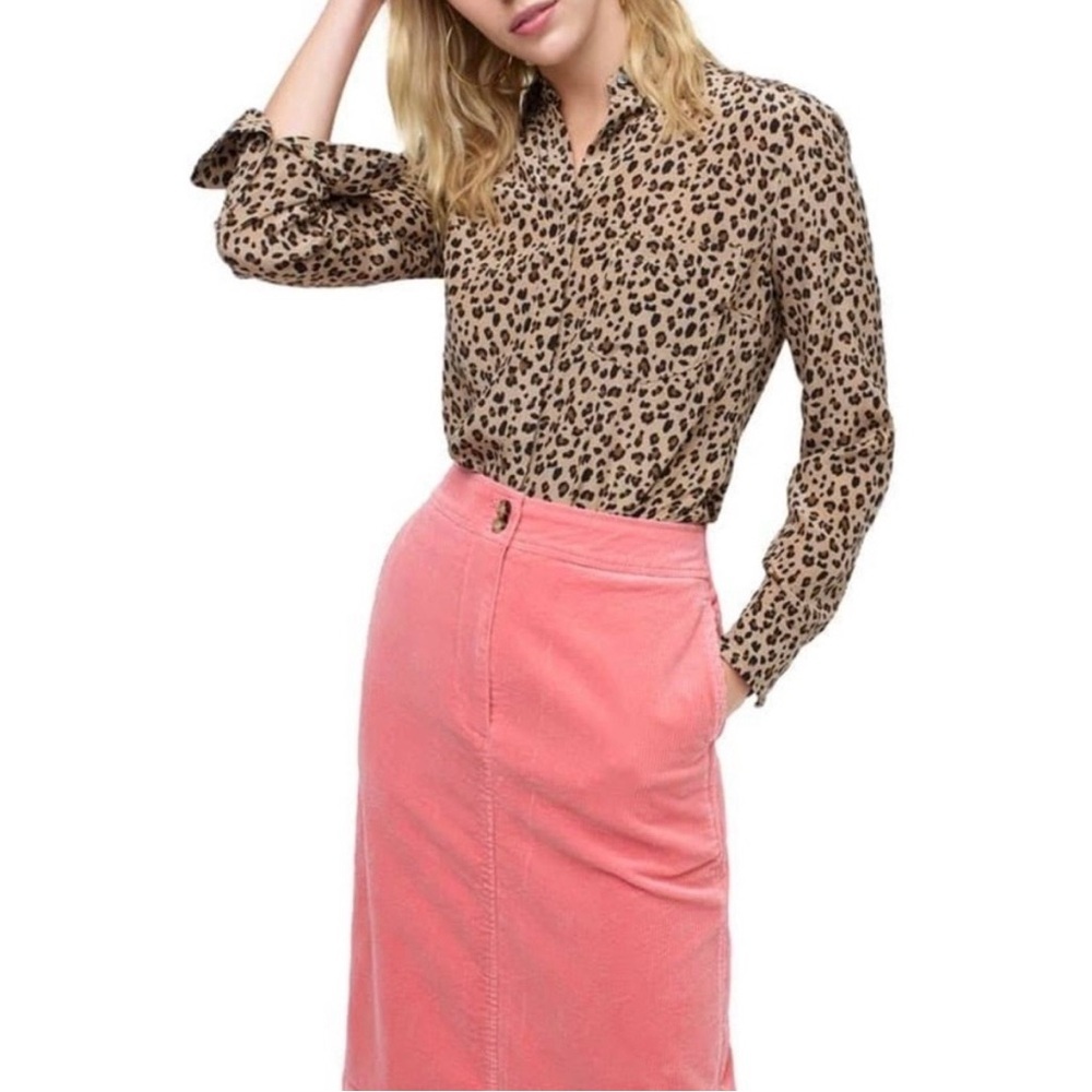 J. Crew 100% Silk Leopard Animal Print Button Up Blouse Shirt Size 8